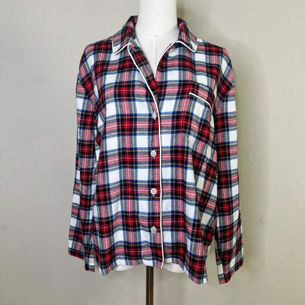 J Crew Pajama Top Plaid Flannel Button Down Women Size S Red White Blue Cotton